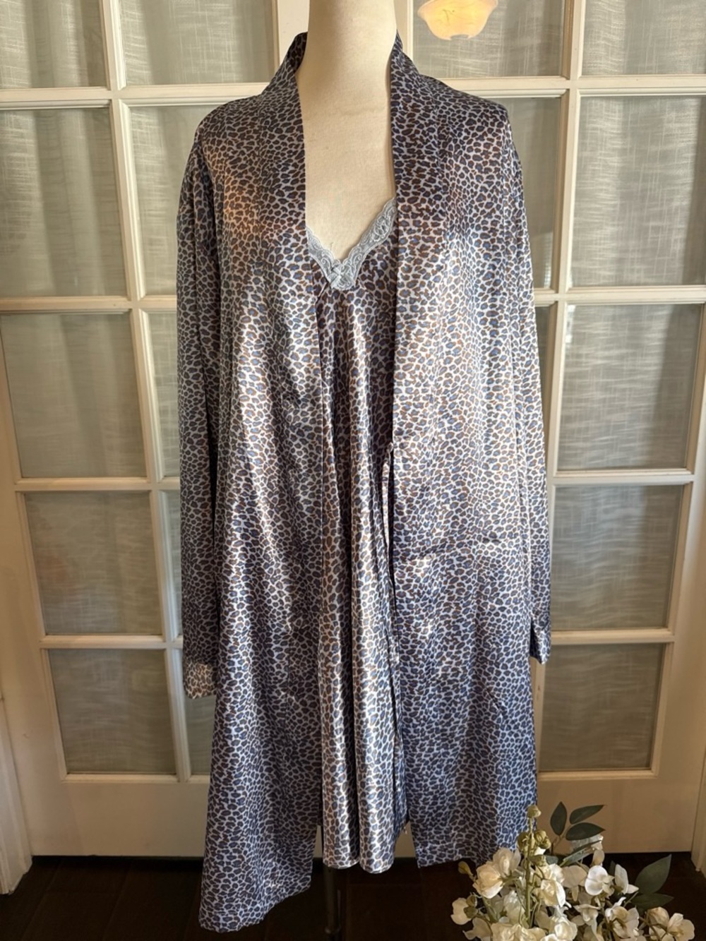 Adonna Satin Leopard-Print Pajama Set in Taupe and Light Blue